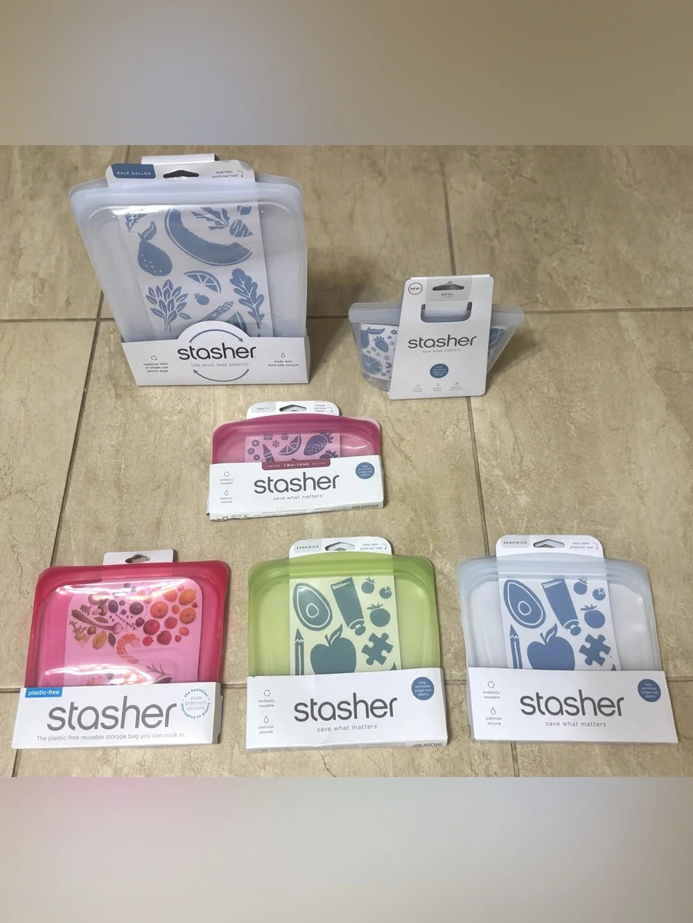 Stasher™ Silicone Reusable  1/2 gallon, 2 Cup Bowl, 3 Sandwich and 1 snack